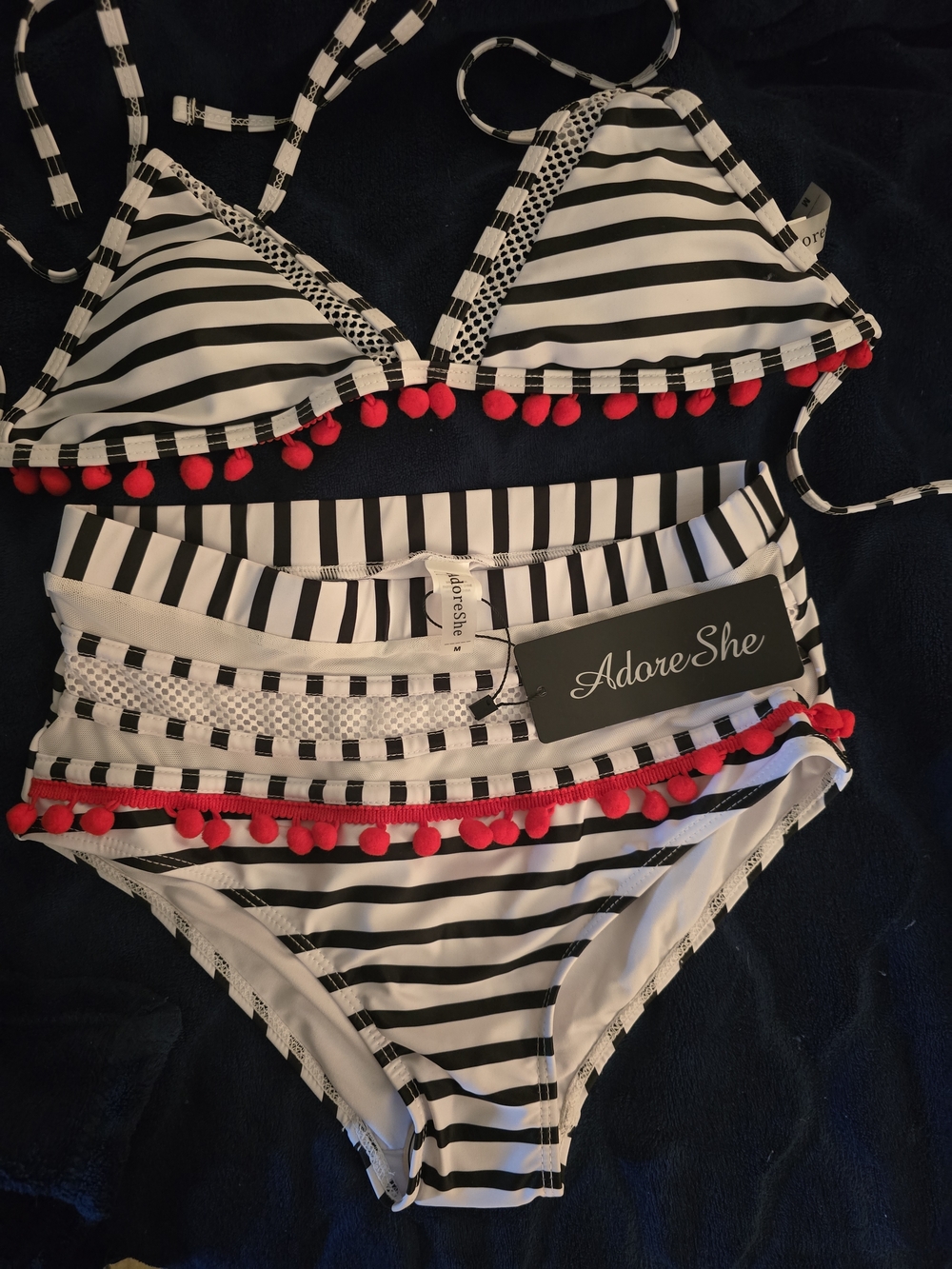 AdoreShe Black & White Striped Bikini with Red Pom Trim High Waisted